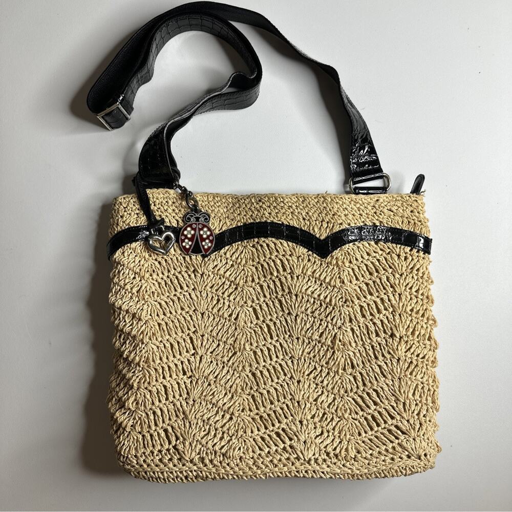 Brighton Palmer Crochet Straw Crossbody Bag Black Leather Trim Ladybug Charm Y2K